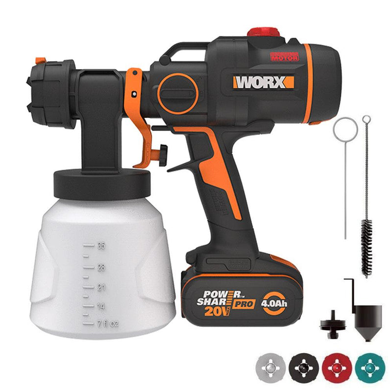 WORX WX020 20Volt 4.0Ah. Li-ion Tək Simsiz Fırçasız Tənzimlənən Sürətli Sprey Tabancası + 4 Parça Ehtiyat Nozzle