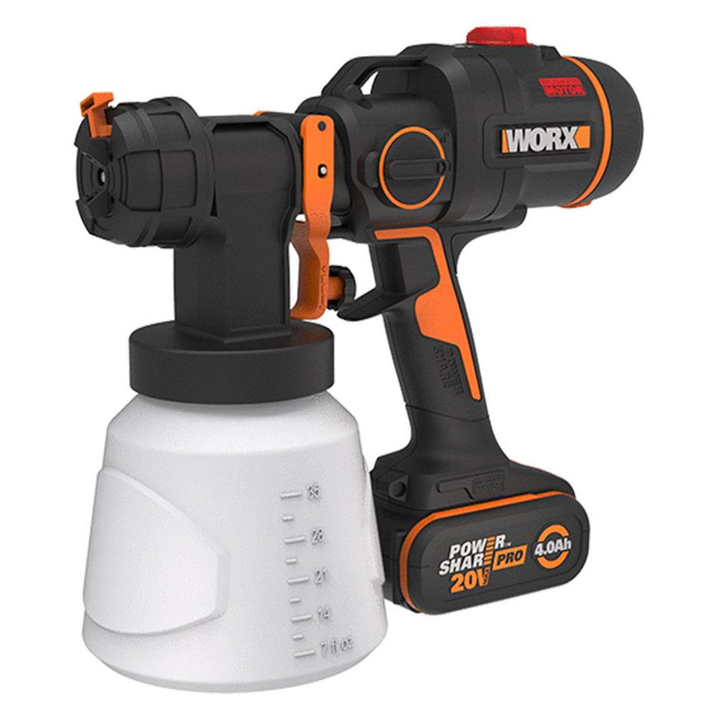 WORX WX020 20Volt 4.0Ah. Li-ion Tək Simsiz Fırçasız Tənzimlənən Sürətli Sprey Tabancası + 4 Parça Ehtiyat Nozzle