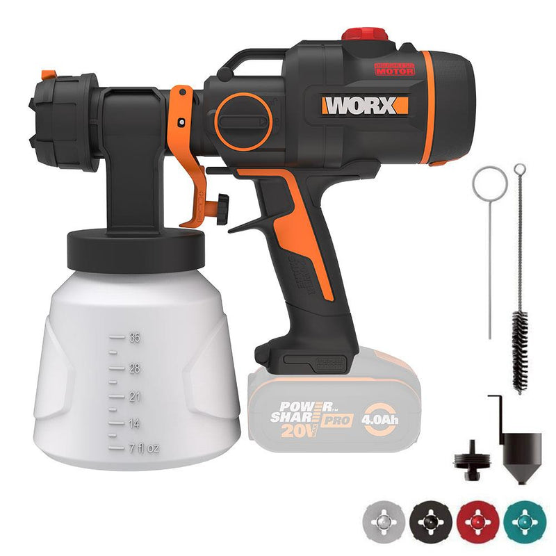 WORX WX020.9 20Volt Fırçasız Sürəti Tənzimlənən Boya Tabancası + 4 Parça Ehtiyat Nozzle (Batareya Daxil deyil) 