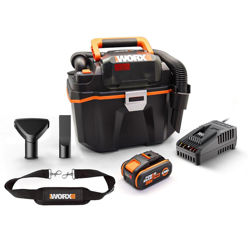 WORX WX031 20Volt 4.0Ah. 200W/16Kpa Li-ion Karbonsuz Çevik Şlanq Peşəkar Doldurula bilən Yaş/Quru Tozsoran və Üfleyici 