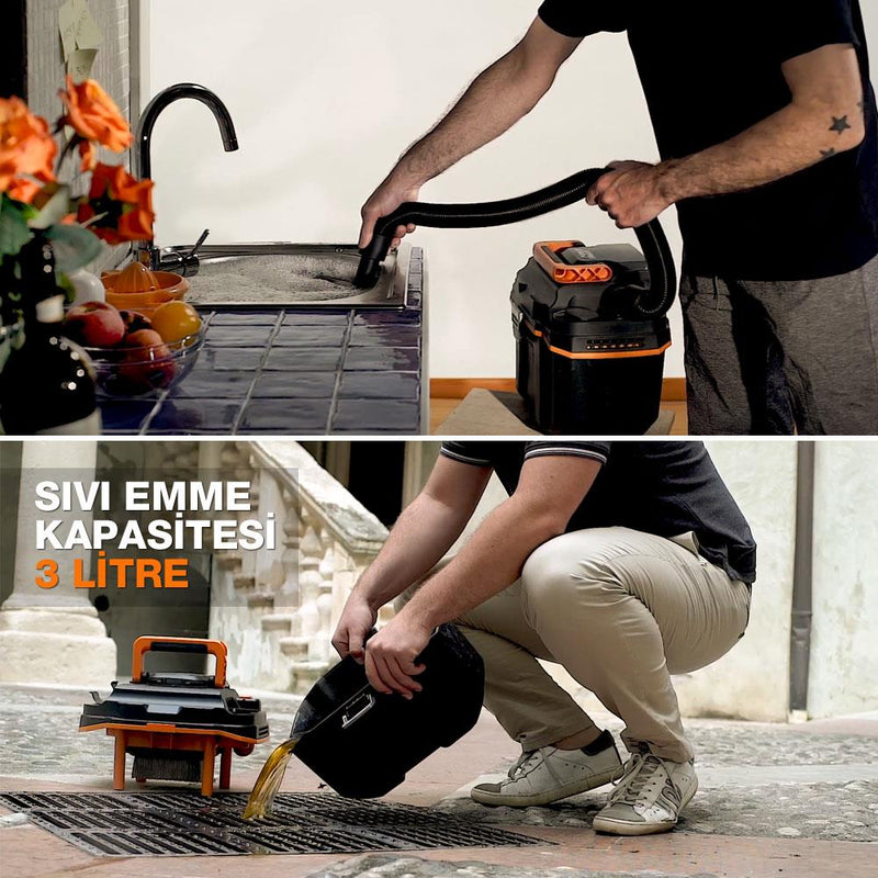 WORX WX031 20Volt 4.0Ah. 200W/16Kpa Li-ion Karbonsuz Çevik Şlanq Peşəkar Doldurula bilən Yaş/Quru Tozsoran və Üfleyici 