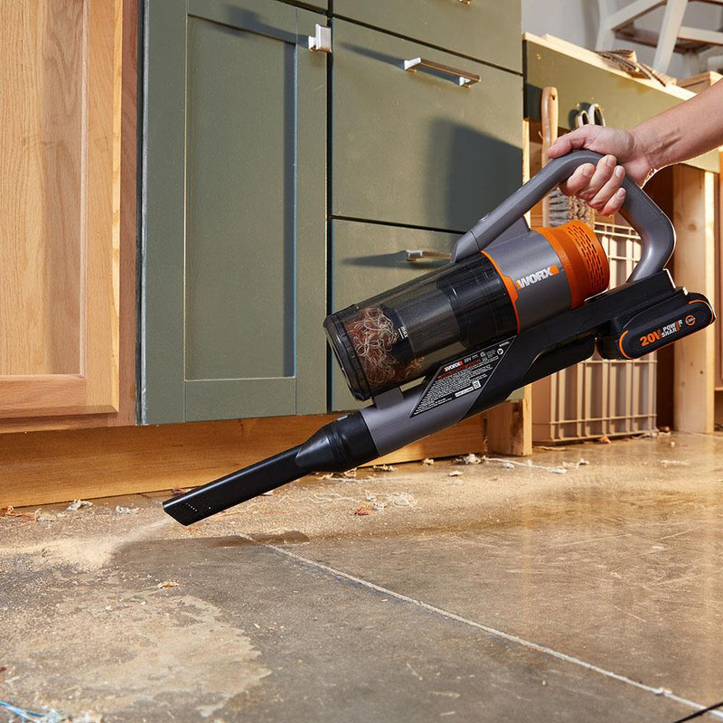 WORX WX038 20Volt 2.0Ah. Li-ion 105 Watt İkiqat Batareya Karbonsuz Siklonik Sistem Yenidən doldurulan Şaquli Tozsoran
