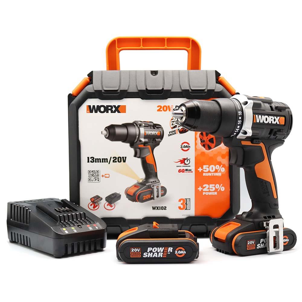 WORX WX102 20Volt/2.0Ah Li - ion Çift Akülü Kömürsüz Profesyonel Şarjlı Matkap - Onivias