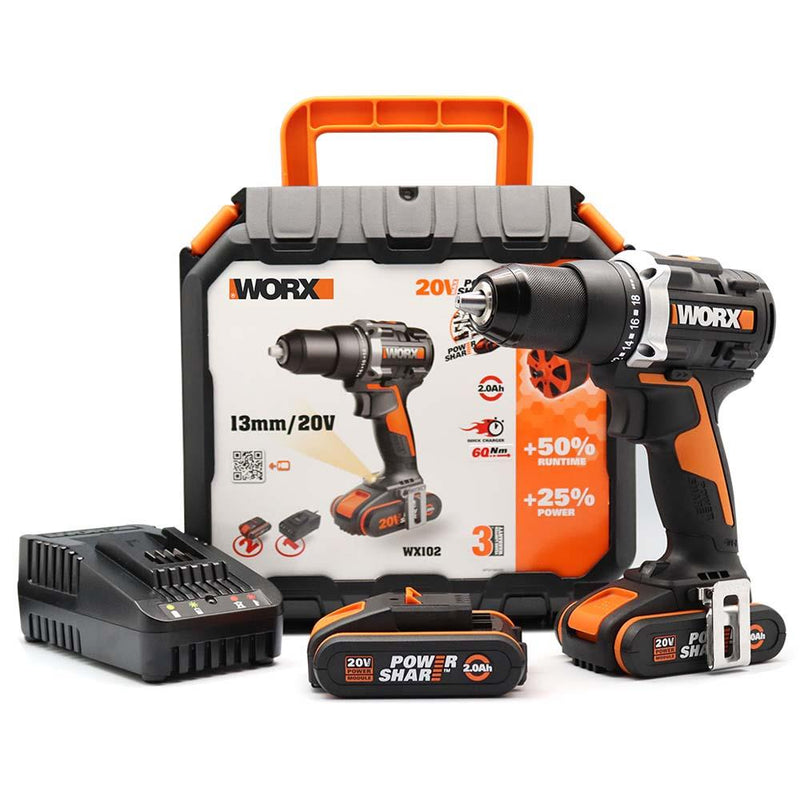 WORX WX102 20Volt/2.0Ah Li-ion İkili Batareya Fırçasız Professional Simsiz Qazma 
