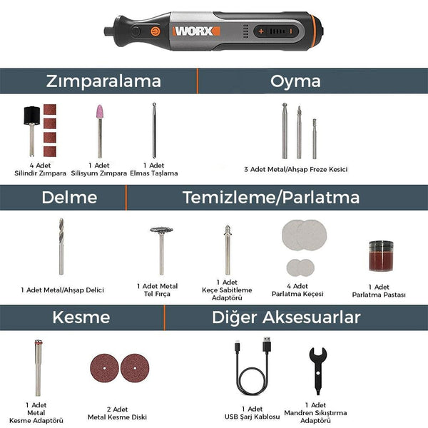 WORX WX106 8Volt Kalem Tipi Devir Ayarlı Profesyonel Gravür Makinesi + 21 Parça Aksesuar - Onivias