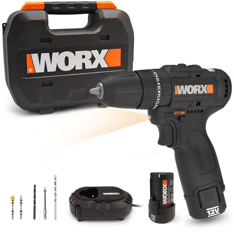 WORX WX121 12Volt/2.0Ah Li-ion İkili Batareya Fırçasız Peşəkar Yenidən Doldurulan Zərbəli Qazma + 5 Parça Aksesuarlar 