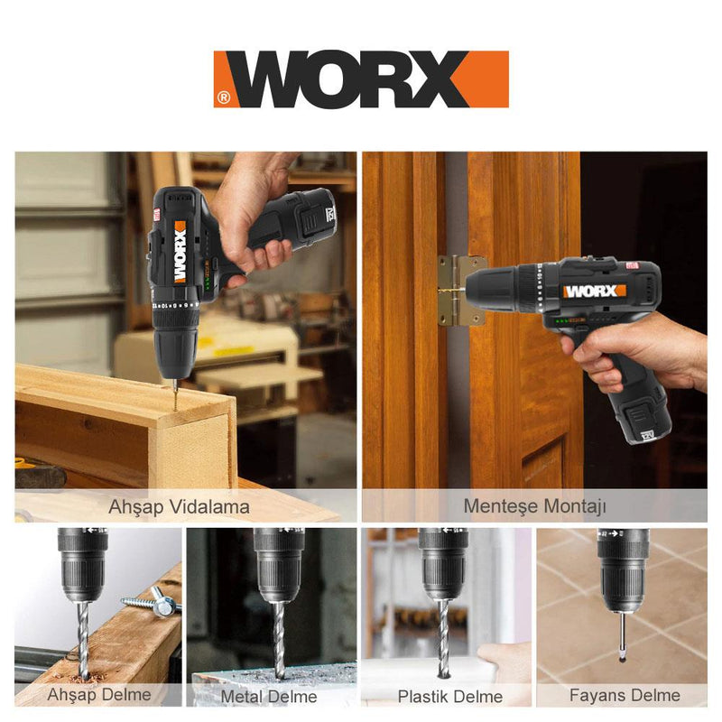WORX WX121 12Volt/2.0Ah Li-ion İkili Batareya Fırçasız Peşəkar Yenidən Doldurulan Zərbəli Qazma + 5 Parça Aksesuarlar 