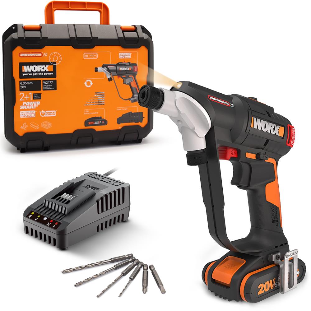 WORX WX177 20Volt/2.0Ah Li - ion Döner Kafa ve Çift Mandrenli Profesyonel Kömürsüz Şarjlı Matkap + 6 Parça Uç - Onivias