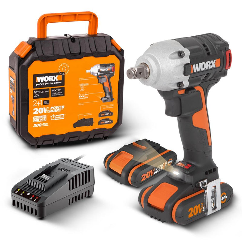 WORX WX272 20Volt/2.0Ah Li-ion İkili Batareya Doldurula bilən 300Nm Fırçasız Peşəkar Zərbə Açarı