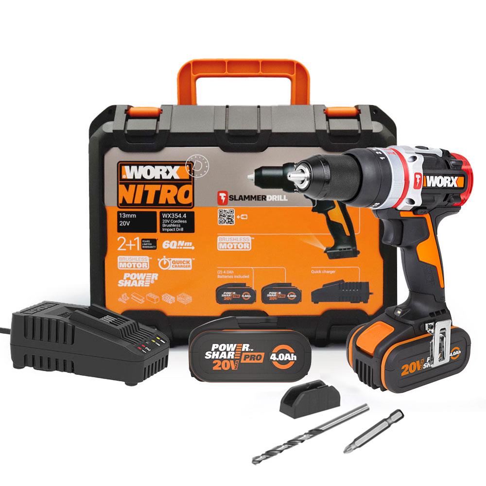 WORX WX354.4 20Volt/4.0Ah Li - ion Çift Akülü Kömürsüz Profesyonel Şarjlı Darbeli Matkap - Onivias