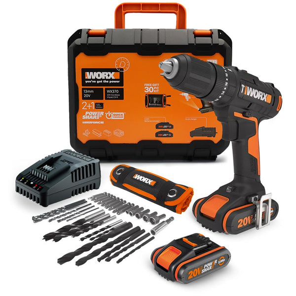 WORX WX370 20Volt/2Ah. Li - ion Çift Akülü Profesyonel Şarjlı Darbeli Matkap + 30 Parça Aksesuar Seti - Onivias