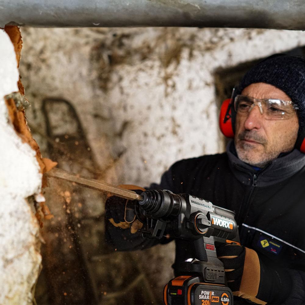 WORX WX381 20Volt 4.0Ah. 2J Li - ion Tek Akülü Profesyonel SDS - Plus Pnömatik Kırıcı/Delici + 3 Parça Delme Ucu - Onivias