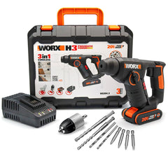 WORX WX394.3 20Volt 2.0Ah. Li - ion 1.5J Profesyonel SDS - Plus Pnömatik Şarjlı Matkap + 9 Adet Uç + Mandren - Onivias