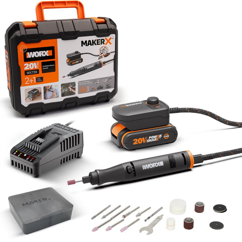 WORX WX739 MAKERX 20Volt 2.0Ah. Professional Qələm Tipi Sürətli Tənzimlənən Oyma Dəsti + 34 Parça Aksesuarlar