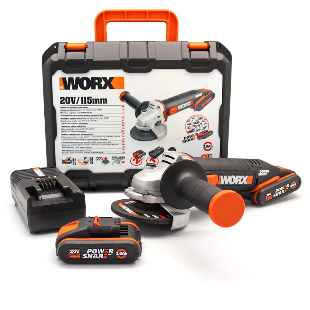 WORX WX800 20Volt 2.0 Ah. Li - ion Çift Akülü 115mm Profesyonel Şarjlı Avuç Taşlama - Onivias