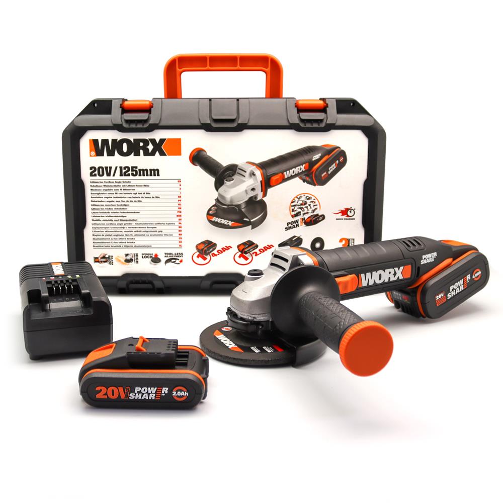 WORX WX803 20Volt 2.0/4.0 Ah. Li - ion Çift Akülü 125mm Profesyonel Şarjlı Avuç Taşlama - Onivias