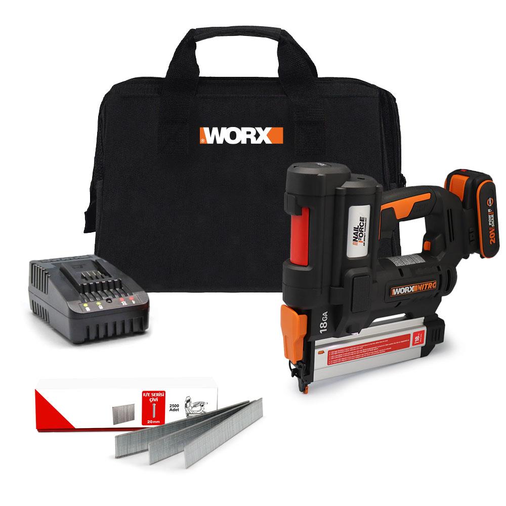 WORX WX842 20Volt/2.0Ah Li - ion 15 - 50mm Profesyonel Şarjlı Çivi Çakma Makinesi + 2700 Adet Yedek Çivi - Onivias