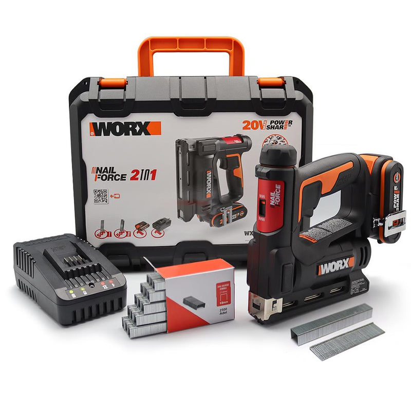 WORX WX843 20Volt/2.0Ah. Li-ion təkrar doldurulan peşəkar 6-14 mm ştapel və 15 mm dırnaqlayıcı + 3500 ehtiyat ştapel və dırnaq
