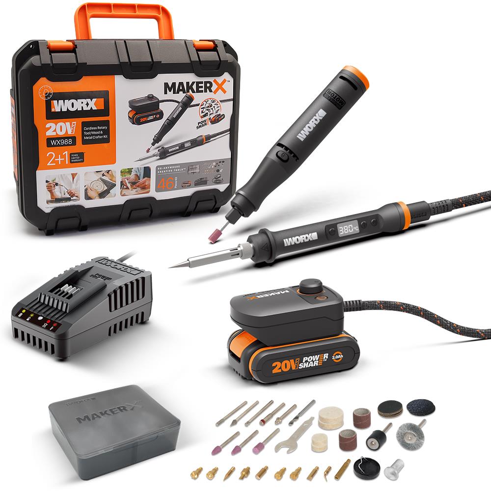 WORX WX988 MAKERX 20Volt 2.0Ah. Kömürsüz Profesyonel Kalem Tipi Devir Ayarlı Gravür Seti + Kalem Tipi Dijital Lehim ve Ahşap Yakma Seti + 46 Parça Aksesuar - Onivias