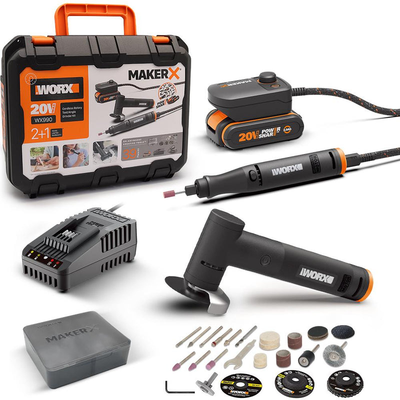 WORX WX990 MAKERX 20Volt 2.0Ah. Fırçasız Professional Qələm Tipi Sürət Tənzimlənən Oymaçı + 50MM Bucaq Taşıyıcı Kombo Dəsti + 39 Parça Aksesuarlar 